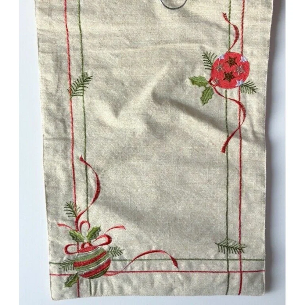 Christmas Embroidered Table Runner Ornament Holly Gold Red Green 72x14 Holiday